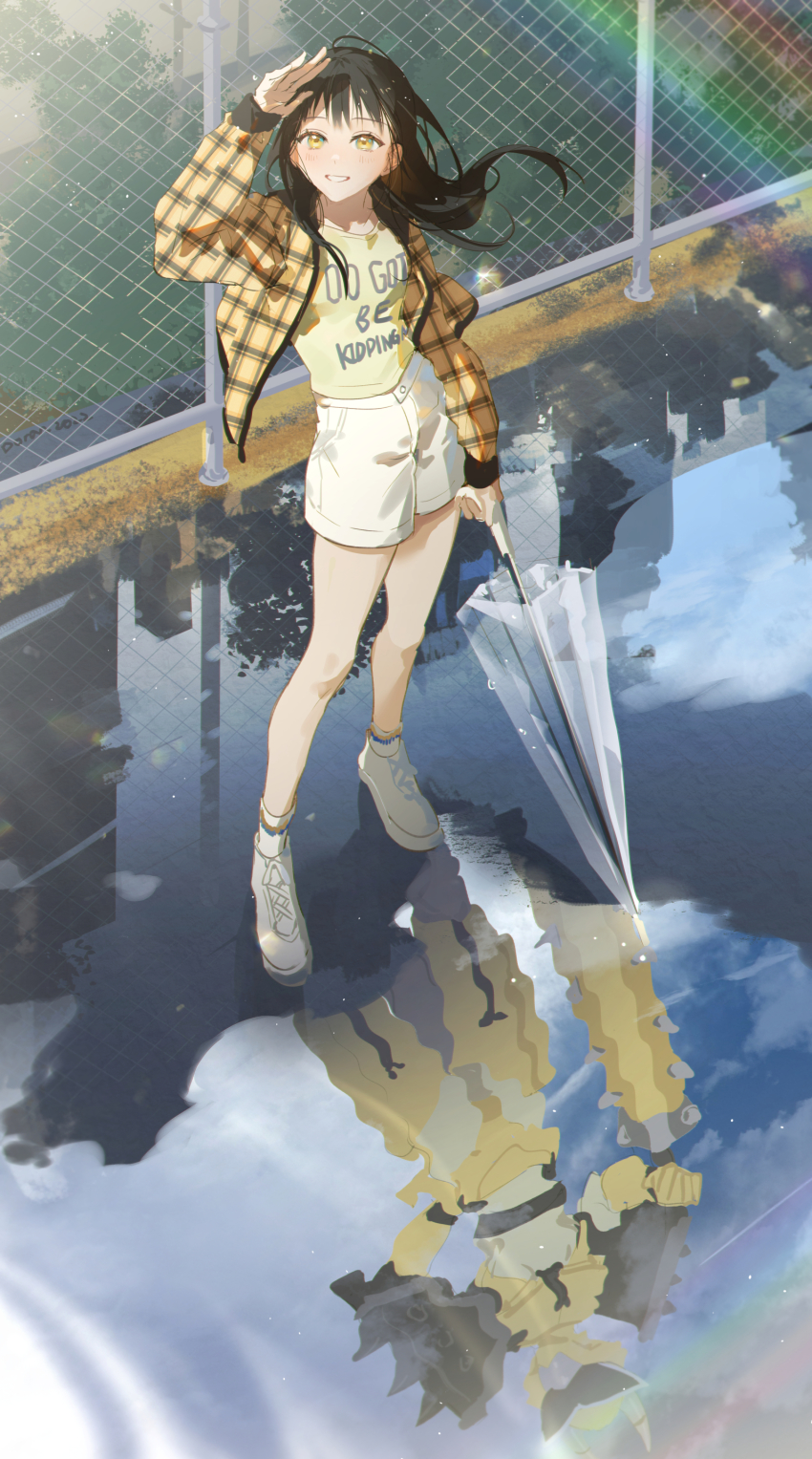 2girls absurdres animification avataro_sentai_donbrothers black_hair boots chain-link_fence club_(weapon) doran_(doran7280) english_text fence highres horns jacket kito_haruka long_hair looking_away looking_up mecha_musume multiple_girls oni oni_horns oni_sister oni_sister_robotaro plaid_clothes plaid_jacket puddle rainbow reflection shoes shorts shoulder_spikes smile sneakers spikes sunglasses super_sentai tokusatsu umbrella weapon white_footwear white_shorts yellow_eyes