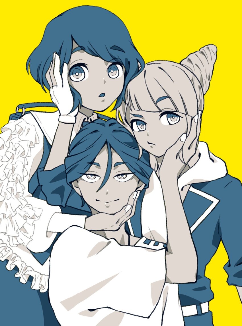 1boy 2girls backpack bag blue_eyes blue_hair closed_mouth collared_shirt commentary cone_hair_bun double_bun frilled_shirt frilled_sleeves frills fukurai_azami furrowed_brow hair_between_eyes hair_bun hand_on_another&#039;s_cheek hand_on_another&#039;s_face hashtag-only_commentary highres hood hood_down hoodie jasmine_(toshi_densetsu_kaitai_center) jumpsuit juuminzei_(umanikerareru) limited_palette long_sleeves looking_at_viewer meguriya_ayumu multiple_girls open_mouth puffy_long_sleeves puffy_sleeves shirt short_hair simple_background skirt smile toshi_densetsu_kaitai_center white_shirt yellow_background