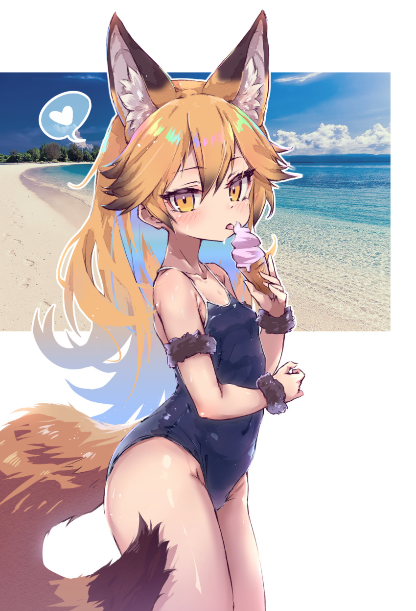 1girl alternate_costume animal_ear_fluff animal_ears bare_legs bare_shoulders beach black_hair blonde_hair blue_one-piece_swimsuit breasts collarbone commentary extra_ears ezo_red_fox_(kemono_friends) fox_ears fox_girl fox_tail gradient_hair hair_between_eyes heart highres ice_cream_cone kemono_friends kolshica licking light_blush long_hair looking_at_viewer multicolored_hair one-piece_swimsuit orange_hair petite small_breasts solo spoken_heart swimsuit symbol-only_commentary tail tongue tongue_out
