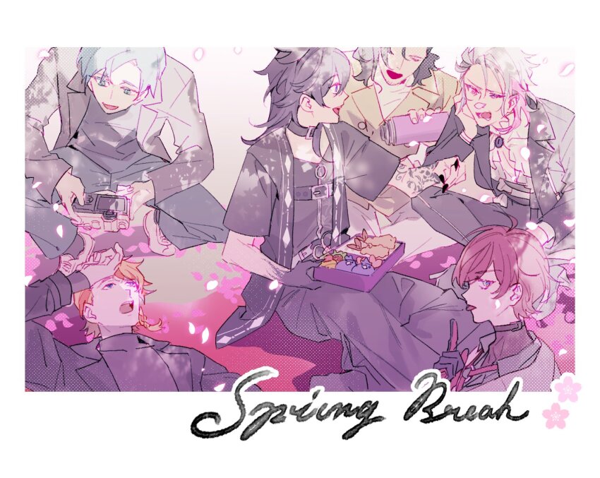 6+boys ahoge arm_tattoo axel_syrios banzoin_hakka bento black_hair blonde_hair blue_hair camera cherry_blossoms commentary curtained_hair english_commentary falling_petals gavis_bettel gloves green_eyes grey_hair group_picture hakkito_(banzoin_hakka) holding holding_bento holding_camera holostars holostars_english holotempus josuiji_shinri looking_at_another looking_at_viewer lynnear machina_x_flayon male_focus multicolored_hair multiple_boys open_mouth petals pink_hair purple_hair red_hair regis_altare short_hair sitting tattoo tongue tongue_out virtual_youtuber