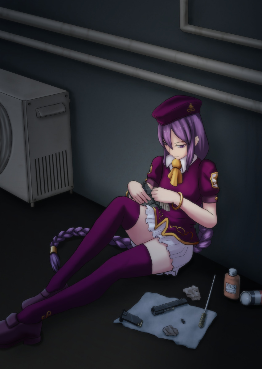 1girl absurdres atlus cleaning_gun cz_75 girl_only gold_trim gun handgun highres long_braid melty_blood purple_eyes purple_hair purple_shirt purple_stockings shirt sion_eltnam_(type-moon) sion_eltnam_atlasia skirt thighhighs tsukihime weapon white_skirt zettai_ryouiki