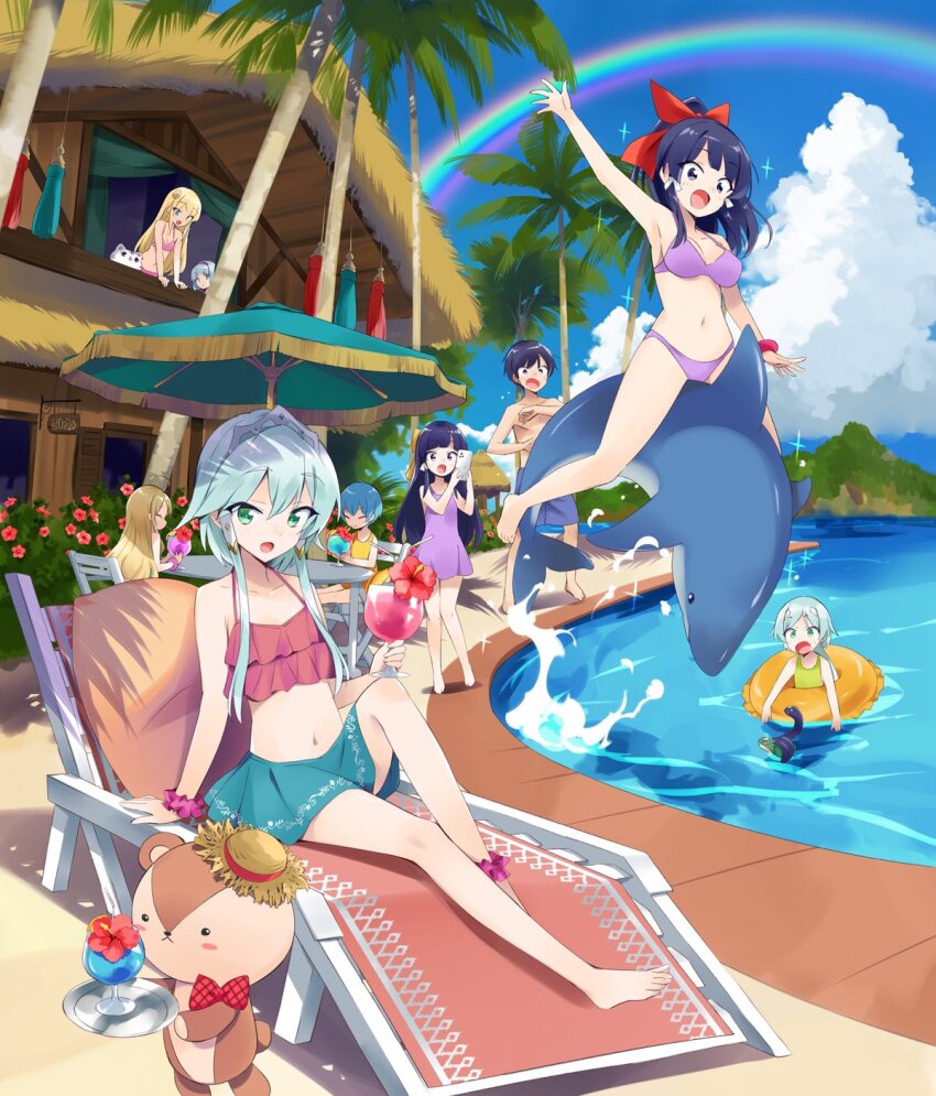 1boy 1girl black_hair blonde_hair blush breasts collarbone green_eyes green_hair hair_between_eyes hairband highres isekai_wa_smartphone_to_tomo_ni. kohaku_(isekai_wa_smartphone_to_tomo_ni.) large_breasts linse_shileska long_hair looking_at_viewer lucia_rea_regulus mochizuki_touya multiple_girls navel open_mouth outdoors paula_(isekai_wa_smartphone_to_tomo_ni.) pool poolside short_hair skirt smile solo soucie_elnea_ortlinde swimsuit thighhighs usatsuka_eiji very_long_hair yumina_elnea_belfast
