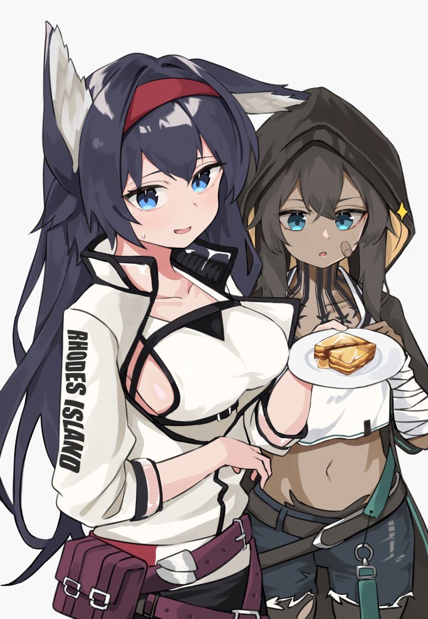 2girls animal_ears arknights baklava bandages bandaid bandaid_on_face belt black_belt black_hair blaze_(arknights) blue_eyes blue_shorts breasts cat_ears collarbone crop_top crop_top_overhang cutoffs dark-skinned_female dark_skin flint_(arknights) food grey_background hairband highres holding holding_plate jacket large_breasts long_hair long_sleeves looking_at_viewer midriff multiple_girls navel open_mouth plate pouch poyason red_hairband short_hair shorts sidelocks simple_background smile sparkle tank_top white_jacket white_tank_top wrist_wrap