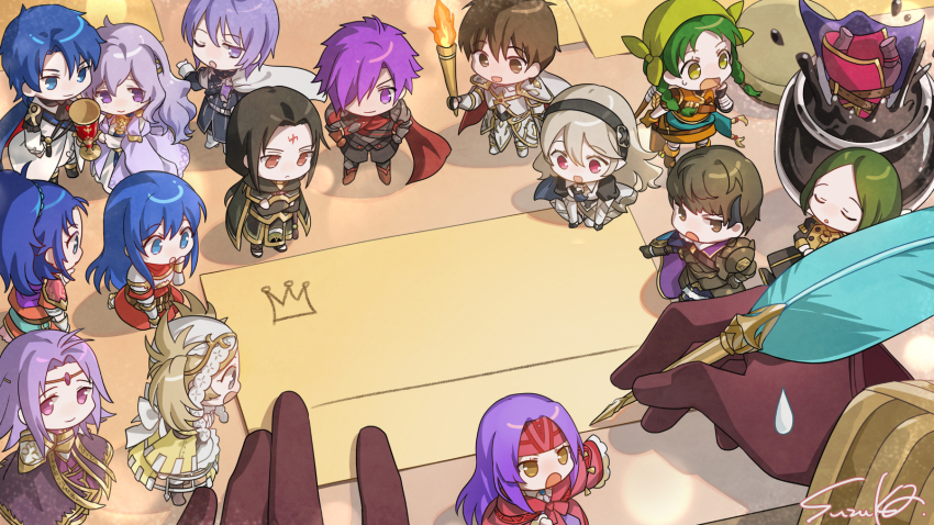 4boys 6+girls aqua_hair armor ballgown ballroom_dress ballroom_gown berkut_(fire_emblem) black_hair blonde_hair caeda_(fire_emblem) cape chibi circlet closed_mouth deirdre_(fire_emblem) deirdre_(masquerade)_(fire_emblem) female_corrin_(fire_emblem) fire_emblem fire_emblem:_genealogy_of_the_holy_war fire_emblem:_mystery_of_the_emblem fire_emblem:_path_of_radiance fire_emblem:_the_sacred_stones fire_emblem:_three_houses fire_emblem_awakening fire_emblem_echoes:_shadows_of_valentia fire_emblem_fates fire_emblem_heroes fire_emblem_warriors:_three_hopes gloves green_eyes hair_bun hair_ornament hair_over_one_eye highres linhardt_von_hevring lissa_(fire_emblem) long_hair long_sleeves looking_at_viewer lyon_(fire_emblem) male_shez_(fire_emblem) medium_hair multiple_boys multiple_girls nintendo official_art purple_cape purple_eyes purple_hair sanaki_kirsch_altina short_hair sigurd_(fire_emblem) sigurd_(masquerade)_(fire_emblem) simple_background sleeping smile soren_(fire_emblem) weapon white_hair