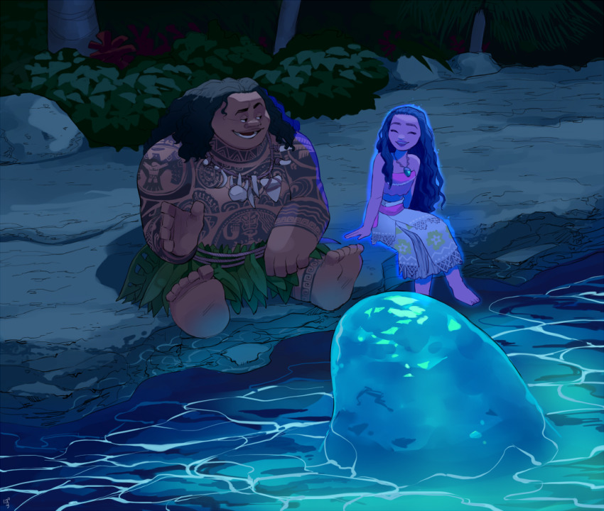 1boy 1girl arm_tattoo brown_hair bush chest_tattoo dark-skinned_female dark-skinned_male dark_skin glowing jewelry long_hair maui_(moana) moana_(movie) moana_waialiki necklace night outdoors pano_(mohayayamai) sitting tattoo tribal_tattoo