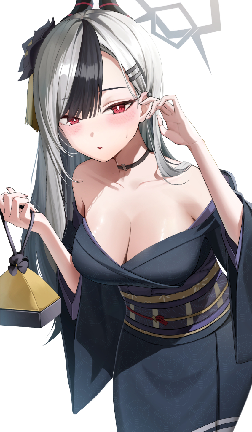1girl asymmetrical_bangs bare_shoulders black_choker black_flower black_hair black_horns black_kimono blue_archive blush breasts bright_pupils choker collarbone commentary demon_horns dienot0 earclip fingernails flower grey_hair hair_behind_ear hair_flower hair_ornament hairclip halo highres holding horns japanese_clothes kayoko_(blue_archive) kayoko_(new_year)_(blue_archive) kimono kinchaku large_breasts leaning_forward long_hair looking_at_viewer mole mole_on_collarbone multicolored_hair obi obiage off_shoulder official_alternate_costume parted_lips pouch purple_sash red_eyes sash shiny_skin simple_background solo sweatdrop swept_bangs two-tone_hair wheel_print white_background