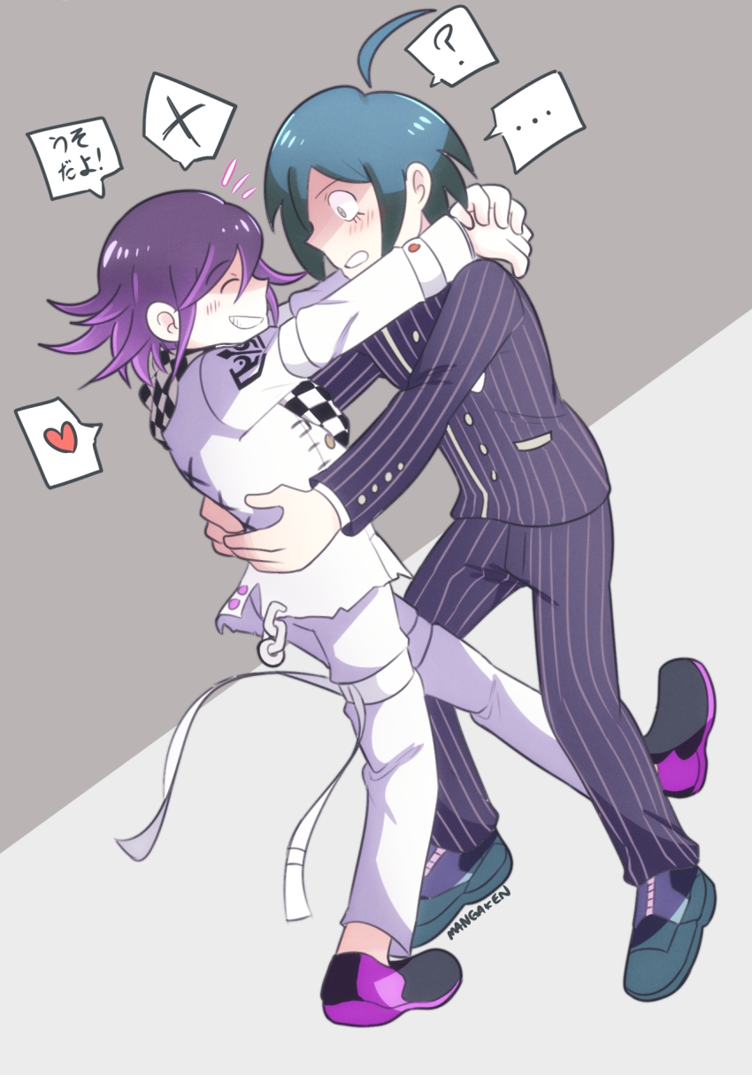 ... 2boys ? ahoge artist_name black_hair black_jacket blue_hair blush buttons checkered_clothes checkered_scarf closed_eyes commentary dancing danganronpa_(series) danganronpa_v3:_killing_harmony english_commentary flipped_hair from_side full_body grey_background hair_between_eyes happy head_on_another&#039;s_shoulder heart highres jacket long_sleeves lower_eyelashes_only male_focus mangaken medium_hair multicolored_buttons multiple_boys oma_kokichi pants purple_hair saihara_shuichi scarf short_hair smile spoken_ellipsis spoken_heart spoken_question_mark standing striped_clothes striped_jacket striped_pants teeth thigh_strap two-tone_background two-tone_scarf wide-eyed yaoi