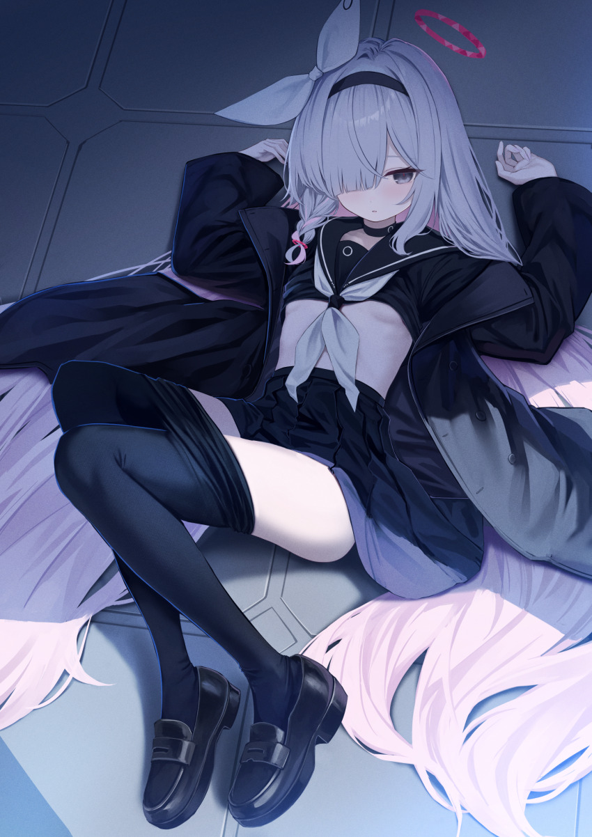 1girl black_choker black_coat black_eyes black_hairband black_pantyhose black_sailor_collar black_serafuku black_shirt black_shoes black_skirt blue_archive bow braid breasts choker clothes_lift clothes_pull coat colored_inner_hair commentary_request from_above grey_hair hair_bow hair_over_one_eye hair_spread_out hairband halo highres light_blush loafers long_hair long_sleeves looking_at_viewer lying multicolored_hair neckerchief on_back one_eye_covered open_clothes open_coat pantyhose pantyhose_pull parted_lips pink_hair plana_(blue_archive) pleated_skirt red_halo sailor_collar school_uniform serafuku shade shirt shirt_lift shoes side_braid single_braid skirt small_breasts solo takashima_shoa two-tone_hair very_long_hair white_bow white_neckerchief wide_sleeves