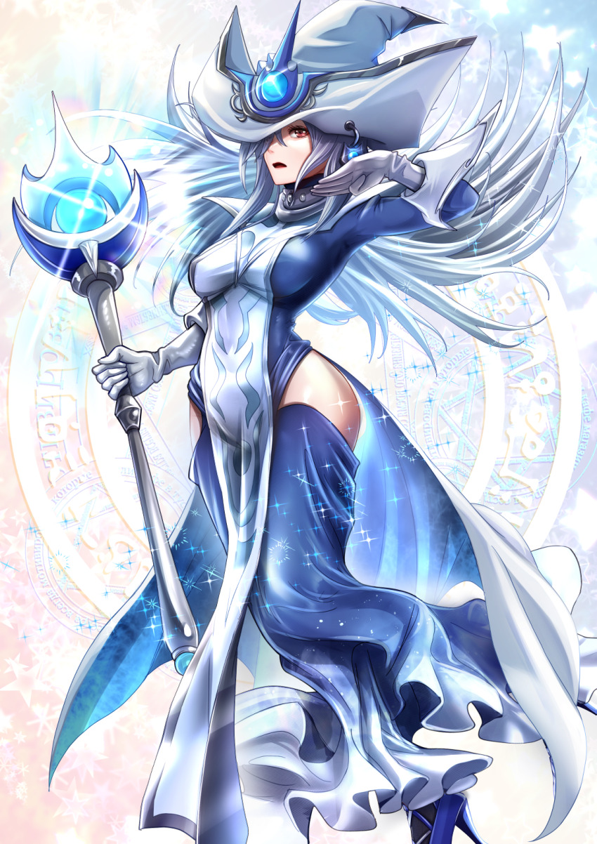 1girl blue_dress dress duel_monster gloves grey_hair hair_over_one_eye hat high_heels highres hip_vent holding holding_staff long_hair miyakura_haruto purple_eyes silent_magician staff tabard white_gloves white_hat white_tabard wizard_hat yu-gi-oh!