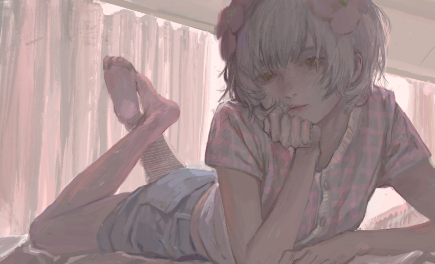 1girl alternate_costume arm_support backlighting barefoot buttons casual chinese_commentary closed_mouth commentary_request curtains day denim denim_shorts feet_up flower hair_flower hair_ornament half-closed_eyes hand_on_own_chin head_rest highres indoors kudou_chitose looking_at_viewer lying nijisanji on_stomach overexposure pink_flower pink_lips pink_shirt plaid_clothes plaid_shirt qunqing123 shirt short_hair short_sleeves shorts solo virtual_youtuber white_hair yellow_eyes