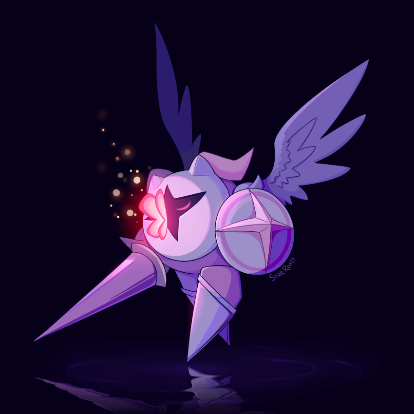 black_background bug butterfly butterfly_wings closed_eyes galacta_knight highres holding holding_shield horns insect insect_wings kirby_star_allies kirby_(series) lance mask morpho_knight morpho_knight_(butterfly) nintendo polearm reflection shield signature starroad weapon wings