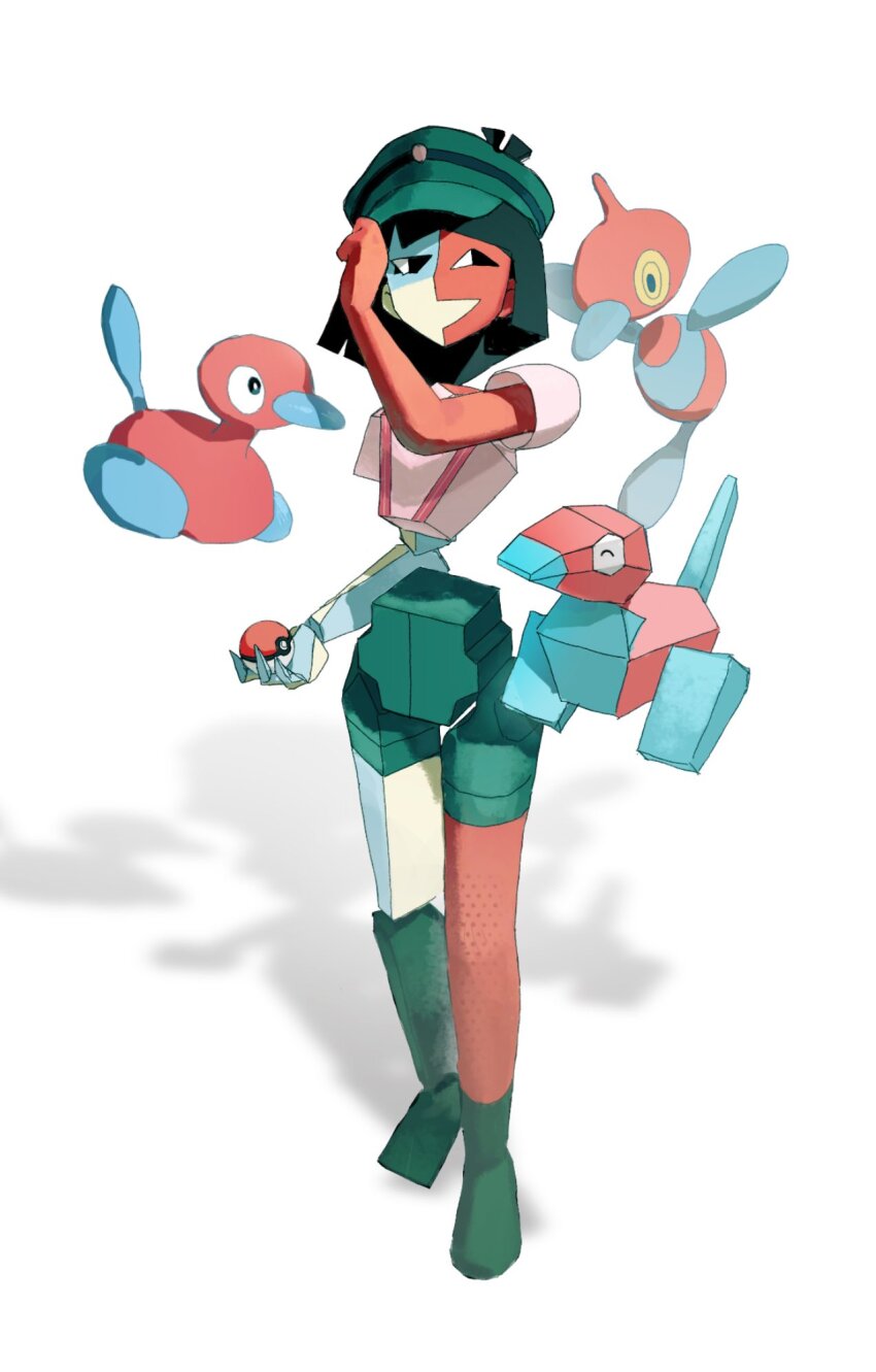 1girl ^_^ black_hair blue_skin closed_eyes colored_skin crossover ena_(dream_bbq) ena_(series) gen_1_pokemon gen_2_pokemon gen_4_pokemon green_hat hat highres holding holding_poke_ball naie_74 nintendo open_mouth poke_ball pokemon pokemon_(creature) porygon porygon-z porygon2 red_skin salesperson_ena shadow simple_background split-color_skin standing white_background