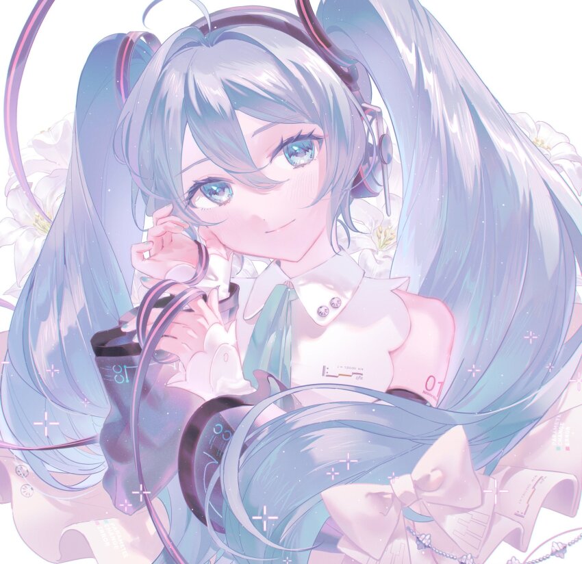 1girl ahoge aqua_eyes aqua_hair aqua_nails aqua_necktie arm_tattoo black_ribbon bow closed_mouth collared_shirt detached_sleeves hair_between_eyes hair_ornament hair_ribbon hamuna_(hamuna_86) hatsune_miku hatsune_miku_(nt) headset highres long_hair long_sleeves necktie number_tattoo ribbon shirt smile solo tattoo twintails very_long_hair vocaloid white_bow white_shirt wide_sleeves