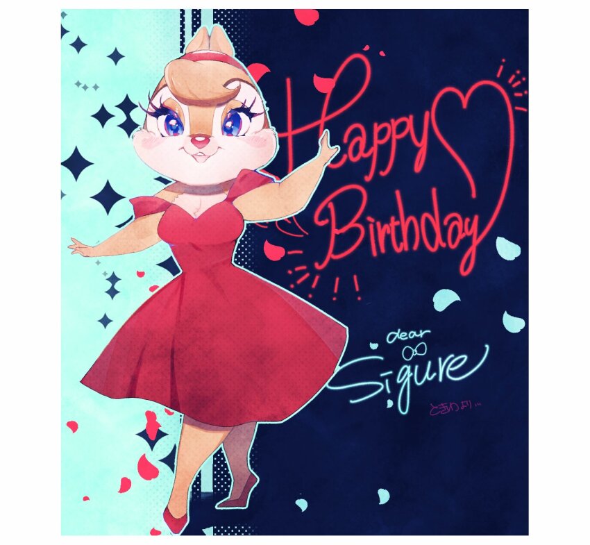 1girl alternate_costume blue_eyes chipmunk_ears chipmunk_girl clarice_(disney) disney dress eyelashes full_body hair_ornament happy_birthday headband highres looking_at_viewer mickey_mouse_&amp;_friends open_mouth red_dress rl10_02 smile solo