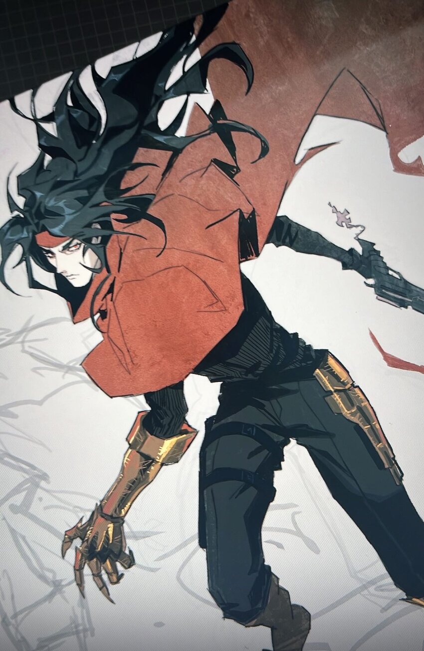 1boy black_hair black_pants black_shirt boots cape clawed_gauntlets closed_mouth commentary cornqy final_fantasy final_fantasy_vii floating_cape floating_hair frown gun handgun highres holding holding_gun holding_weapon leg_holster long_sleeves looking_at_viewer male_focus outstretched_arm pants red_cape red_eyes revolver shirt solo vincent_valentine weapon