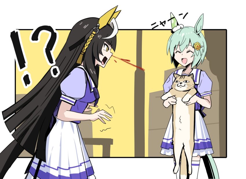 !? &lt;|&gt;_&lt;|&gt; 2girls ahoge animal animal_ears black_hair caitlyn0104 calstone_light_o_(umamusume) cat closed_eyes commentary_request grey_hair hair_ornament highres holding holding_animal holding_cat horse_ears long_hair multiple_girls open_mouth school_uniform seiun_sky_(umamusume) simple_background thighhighs tracen_school_uniform umamusume yellow_eyes