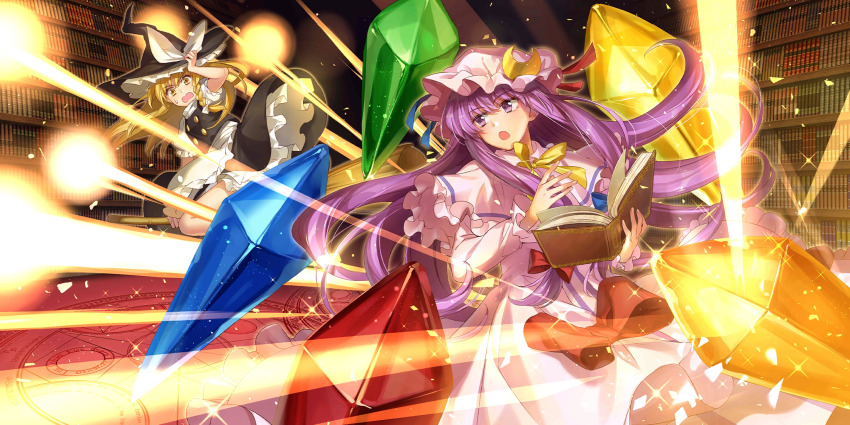 2girls apron arm_up black_hat black_skirt black_vest blonde_hair blue_ribbon book bow broom broom_riding capelet commentary crescent crescent_hat_ornament crystal dress duel embodiment_of_scarlet_devil english_commentary fighting floating_hair frilled_apron frilled_capelet frilled_skirt frills game_cg glint hagiwara_rin hair_bow hand_on_headwear hands_up hat hat_bow hat_ornament hat_ribbon highres holding holding_book indoors kirisame_marisa library light_rays long_hair looking_back magic_circle multiple_girls official_art open_book open_mouth patchouli_knowledge philosopher&#039;s_stone pink_capelet pink_dress pink_hat puffy_short_sleeves puffy_sleeves purple_eyes purple_hair red_ribbon ribbon scarlet_devil_mansion short_sleeves skirt sparkle spell_card striped_clothes striped_dress sweatdrop third-party_source touhou touhou_lostword turtleneck vertical-striped_clothes vertical-striped_dress vest voile waist_apron wavy_mouth white_apron white_bow witch_hat yellow_eyes
