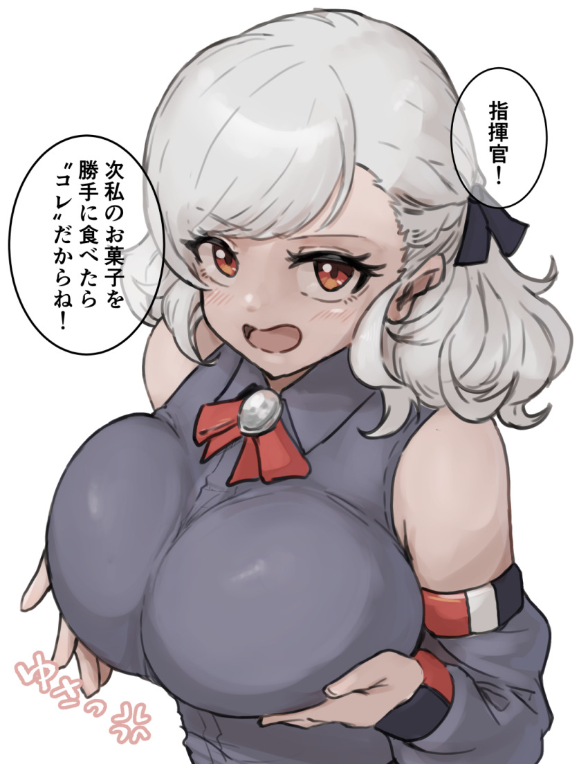 1girl breasts cleavage eyelashes girls&#039;_frontline grabbing_own_breast grey_hair hair_ribbon highres large_breasts meme next_time_you&#039;re_getting_this_(meme) niceratus_kiotensis open_mouth red_eyes ribbon simple_background spas-12_(girls&#039;_frontline) translation_request white_background