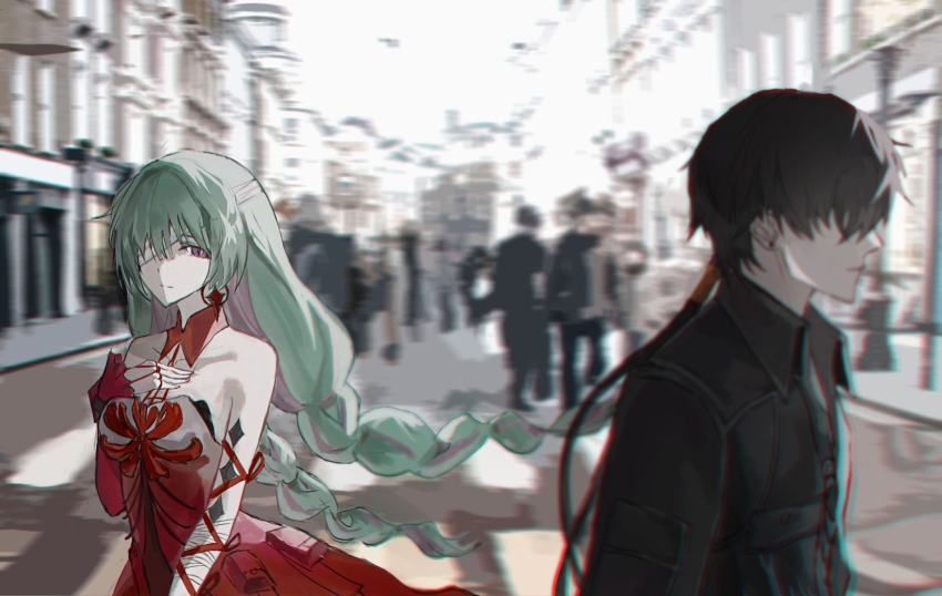 1boy 1girl bandage_over_one_eye bandaged_arm bandages bare_shoulders black_hair black_jacket blurry blurry_background braid breasts chinese_commentary chromatic_aberration closed_mouth collared_jacket commentary_request dress earrings eif7 grey_hair halter_dress halterneck hand_on_own_chest highres jacket jewelry long_hair low_twin_braids male_rover_(wuthering_waves) medium_breasts multicolored_hair out_of_frame photo_background phrolova_(wuthering_waves) purple-eyes red_dress rover_(wuthering_waves) single_sleeve streaked_hair tacet_mark_(wuthering_waves) twin_braids wuthering_waves