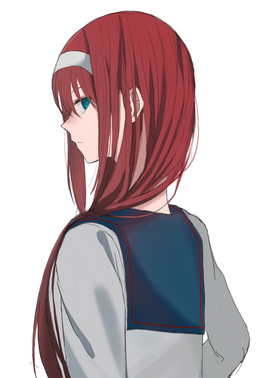 1girl absurdres blue_eyes from_side headband highres long_hair looking_at_viewer pikaremon red_hair sailor_collar school_uniform serafuku simple_background sketch solo tohno_akiha toono_akiha tsukihime vermillion_akiha white_background white_headband