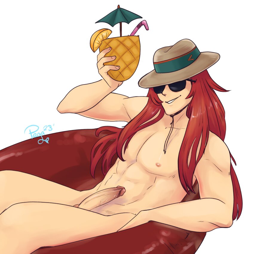 1boy _pegaslick abs erection fire_emblem fire_emblem:_the_sacred_stones food fruit hand_raised hat highres inflatable_tube joshua_(fire_emblem) long_hair male_focus nintendo nipples nude penis pineapple red_hair smirk solo solo_focus straw sunglasses tropical_drink umbrella