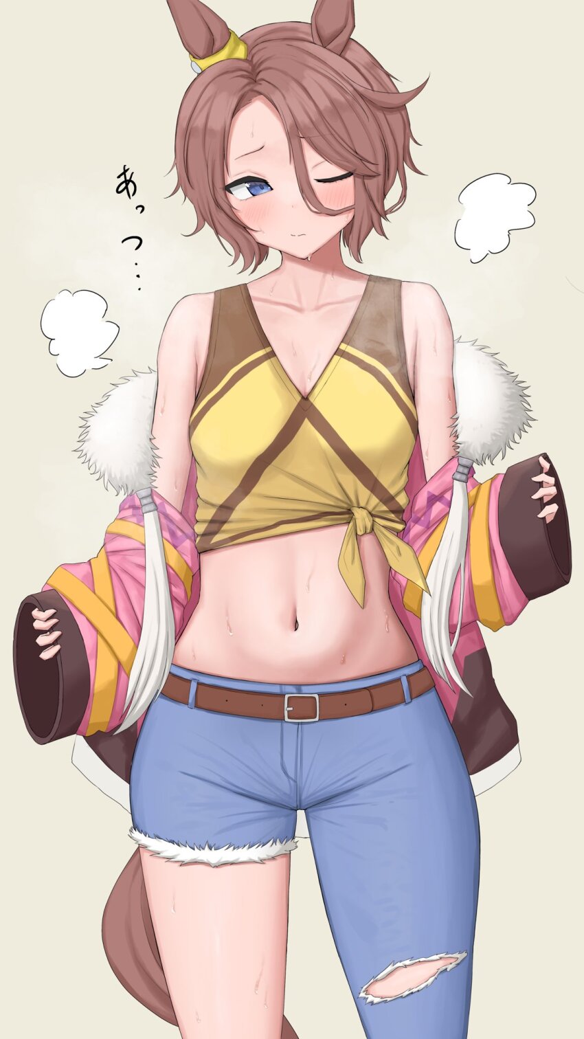 1girl animal_ears asymmetrical_legwear belt blue_eyes blush brown_hair check_commentary closed_mouth collarbone commentary commentary_request fur-trimmed_jacket fur_trim highres horse_ears horse_girl horse_tail hot jacket jacket_partially_removed looking_to_the_side narita_taishin_(umamusume) navel one_eye_closed racing_colors shirt short_hair simple_background sleeveless smell solo steam steaming_body stomach sukenoha sweat tail tank_top tied_shirt translation_request umamusume undressing yellow_background