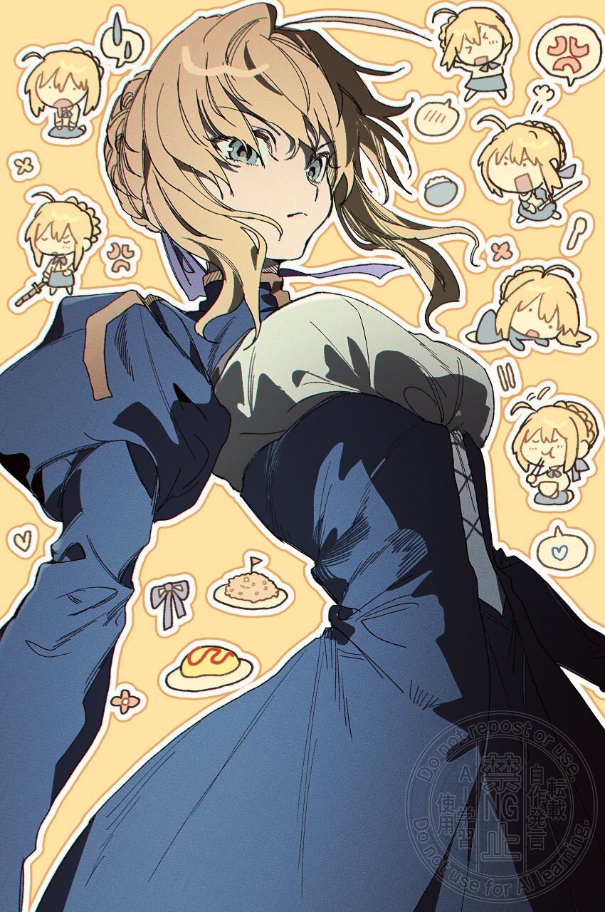 &gt;_&lt; 0304rong0304 1girl absurdres ahoge anger_vein artoria_pendragon_(fate) blonde_hair blue_dress blue_eyes blue_skirt bowl braid breasts chibi chibi_inset chopsticks commentary_request dress eating fate/stay_night fate_(series) food frown highres holding holding_chopsticks holding_sword holding_weapon juliet_sleeves korean_commentary long_dress long_sleeves medium_breasts omelet omurice puff_of_air puffy_sleeves rice_bowl saber_(fate) seiza sitting skirt spoken_anger_vein sword underbust watermark weapon