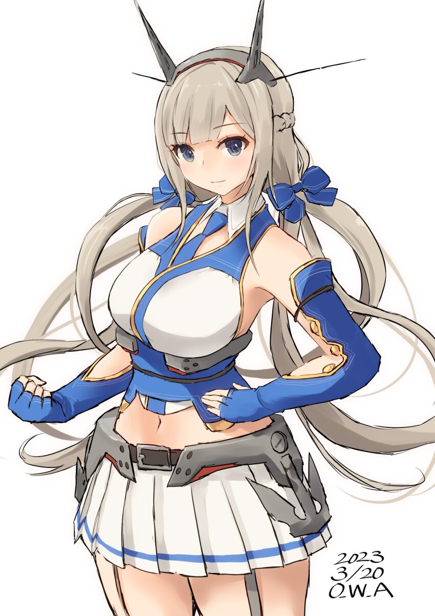 1girl adapted_costume artist_name between_breasts blue_bow blue_eyes blue_necktie blush bow breasts cosplay crop_top dated detached_collar elbow_gloves fingerless_gloves gloves headgear highres kantai_collection large_breasts light_brown_hair long_hair looking_at_viewer low_twintails maryland_(kancolle) nagato_(kancolle) nagato_(kancolle)_(cosplay) navel necktie necktie_between_breasts owa_(ishtail) pleated_skirt simple_background skirt smile solo thighhighs twintails white_background