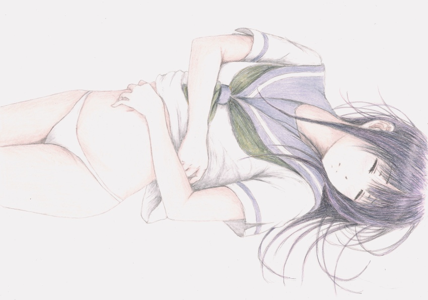 1girl absurdres bbmasa blue_background blue_sailor_collar blush closed_eyes closed_mouth clothes_lift commentary cowboy_shot gradient_background green_neckerchief hands_up hibike!_euphonium highres kitauji_high_school_uniform liz_to_aoi_tori long_hair lying navel neckerchief on_back panties purple_hair sailor_collar school_uniform shirt shirt_lift short_sleeves sleeping solo summer_uniform traditional_media underwear white_panties white_shirt yoroizuka_mizore