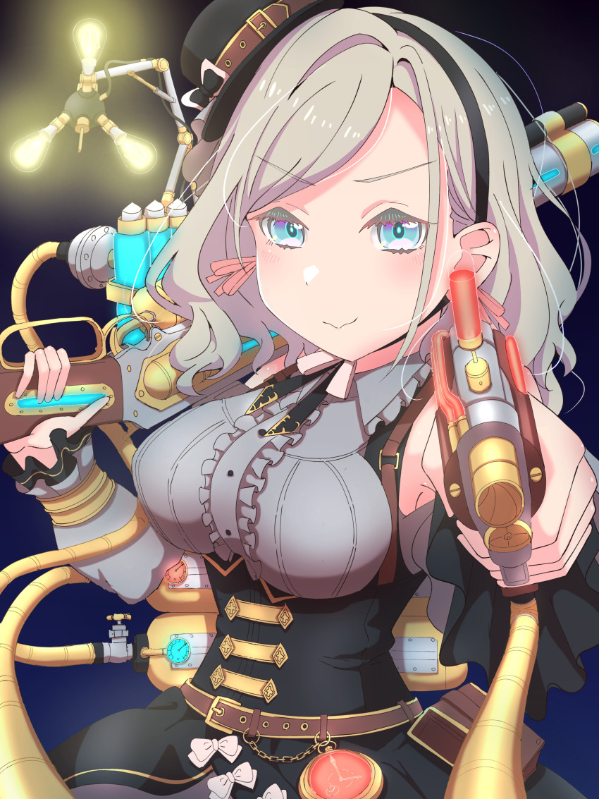 &gt;:) 1girl absurdres armpit_peek bare_shoulders black_hat black_skirt blue_background blush breasts center_frills ceras_yanagida_lilienfeld closed_mouth clothing_cutout collared_shirt commentary_request dark_background dress_shirt frilled_shirt_collar frills grey_hair grey_shirt gun hair_ribbon handgun hat high-waist_skirt highres holding holding_gun holding_weapon large_breasts link!_like!_love_live! long_hair looking_at_viewer love_live! official_alternate_costume pink_ribbon retrofuture_(love_live!) ribbon rifle shirane_nanimo shirt shoulder_cutout skirt smile solo steampunk tilted_headwear underbust v-shaped_eyebrows virtual_youtuber weapon