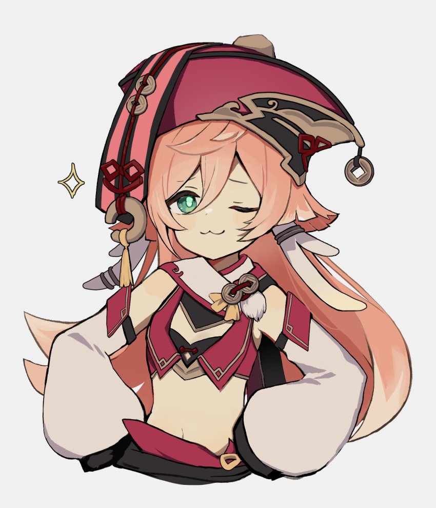 1girl :3 coin_hat_ornament detached_sleeves genshin_impact green_eyes hat_ornament highres horns meme merry-san one_eye_closed pink_hair yanfei_(genshin_impact)