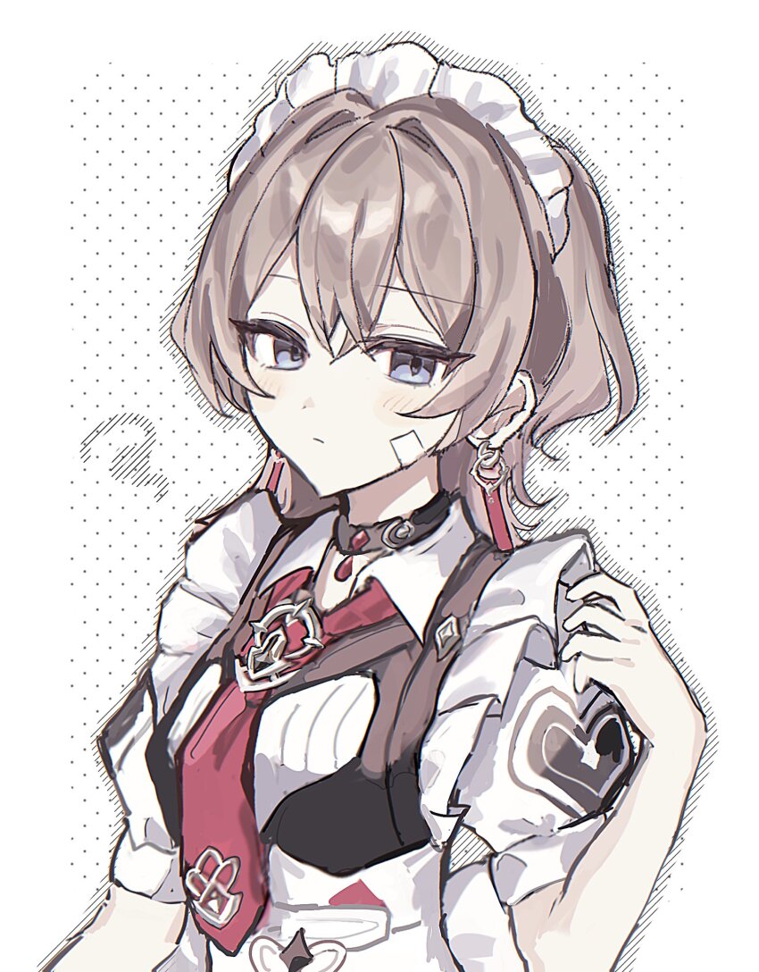 1girl alternate_costume apron bandaid bandaid_on_cheek bandaid_on_face blue_eyes brown_hair closed_mouth commentary done_(qz1c_) dress earrings enmaided frilled_apron frills hashtag-only_commentary highres honkai_(series) honkai_impact_3rd jewelry lantern_(honkai_impact) maid maid_apron maid_headdress necktie polka_dot polka_dot_background puffy_short_sleeves puffy_sleeves red_necktie short_hair short_sleeves solo symbol-only_commentary upper_body white_apron white_background white_dress