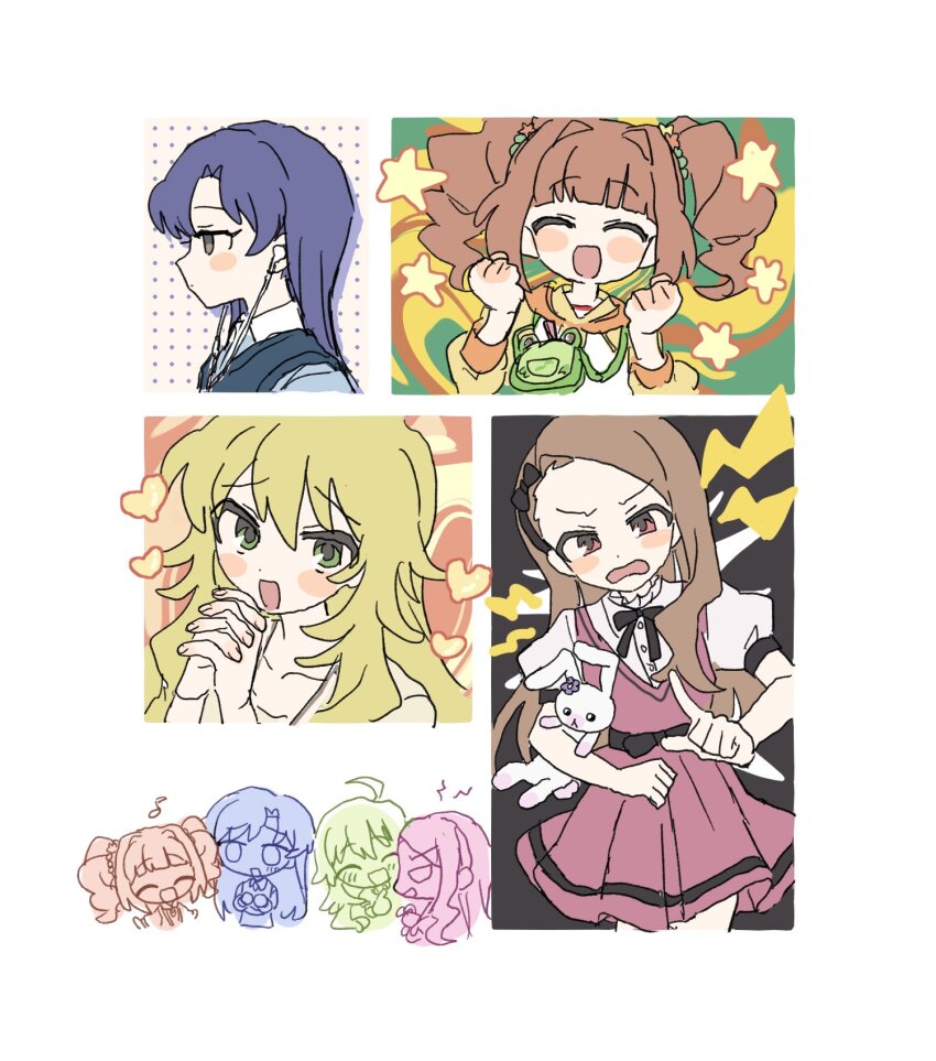 4girls ahoge black_bow black_hairband blonde_hair blue_hair blush bow bow_hairband brown_eyes brown_hair chibi chibi_inset closed_eyes dress earbuds earphones from_side green_eyes hairband hands_up heart highres hoshii_miki idolmaster idolmaster_(classic) index_finger_raised kisaragi_chihaya long_hair long_sleeves looking_at_viewer minase_iori multiple_girls open_mouth orange_hair own_hands_together pnt_0202 puffy_short_sleeves puffy_sleeves red_dress short_sleeves simple_background smile star_(symbol) takatsuki_yayoi twintails usa-chan_(idolmaster) white_background