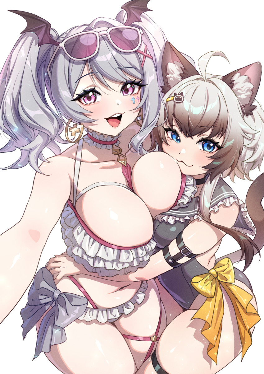 2girls :3 ahoge animal_ears aoi_hinamori bikini blue_eyes bow breasts brown_hair cat_ears cat_girl cat_tail commentary earrings eyewear_on_head frilled_bikini frills gradient_hair grey_bow grey_hair head_wings highres hoop_earrings hug indie_virtual_youtuber jewelry large_breasts looking_at_viewer multicolored_hair multiple_girls mushi_aoi navel one-piece_swimsuit open_mouth pink_eyes sailor_collar short_hair short_hair_with_long_locks short_twintails small_breasts sunglasses swimsuit tail twintails virtual_youtuber white_background white_hair wings yellow_bow