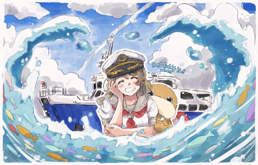 1girl aqua_eyes artist_name artist_request blue_eyes blue_sky blush boat breasts brown_hair cloud collarbone collared_shirt day closed_eyes female_focus fish grey_hair grey_sailor_collar hair_between_eyes highres light_brown_hair looking_at_viewer love_live! love_live!_sunshine!! neckerchief necktie outdoors red_neckwear sailor_collar school_uniform ship shirt short_hair short_sleeves sky small_breasts smile solo tie_clip upper_body uranohoshi_school_uniform walrus watanabe_you watercraft waves white_headwear white_shirt