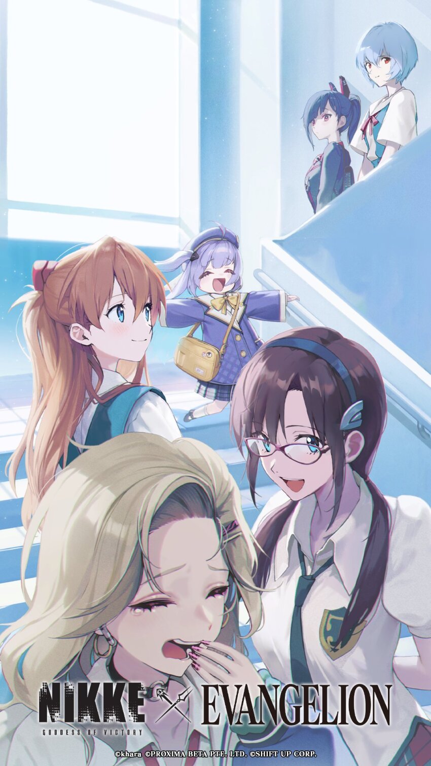 6+girls ayanami_rei beret black_choker black_hair blonde_hair blue_eyes blue_hair blue_hairband child choker closed_eyes closed_mouth collared_shirt commentary cropped crossover day dress ein_(nikke) english_commentary glasses goddess_of_victory:_nikke green_eyes green_necktie hair_ornament hairband hairpin hat highres indoors looking_at_another looking_at_viewer makinami_mari_illustrious medium_hair multiple_girls multiple_hairpins necktie neon_genesis_evangelion official_art open_mouth pink-framed_eyewear purple_dress purple_hair purple_hat purple_nails rebuild_of_evangelion red_eyes rei_(nikke) running sailor_collar school_uniform shirt short_sleeves smile socks souryuu_asuka_langley stairs walking white_sailor_collar white_shirt white_socks yawning zwei_(nikke)