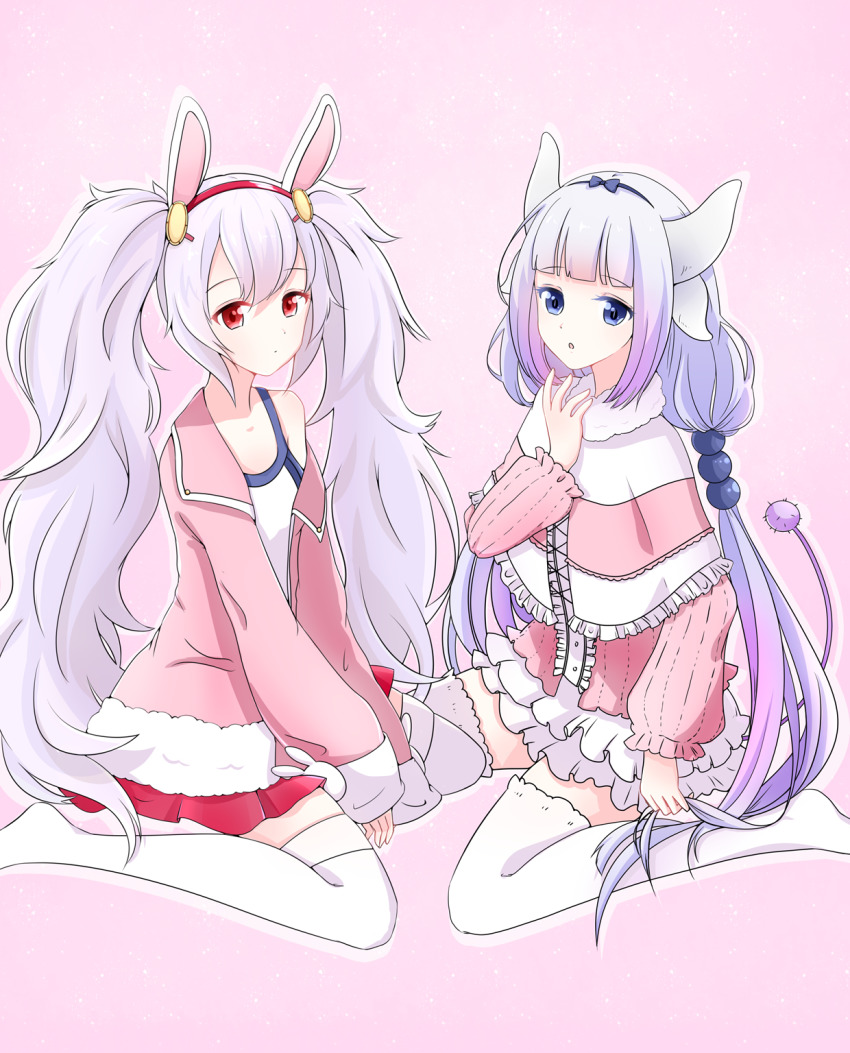2girls akj-sw animal_ears azur_lane blue_eyes capelet chinese_commentary commentary_request crossover dragon_girl dragon_horns full_body fur_trim hair_bobbles hair_ornament hairband highres horns jacket kanna_kamui kobayashi-san_chi_no_maidragon laffey_(azur_lane) long_hair long_sleeves multiple_girls naganawa_maria off_shoulder open_clothes open_jacket pink_background pink_jacket purple_hair rabbit_ears red_eyes red_skirt simple_background sitting skirt tail thighhighs twintails very_long_hair voice_actor_connection wariza white_legwear