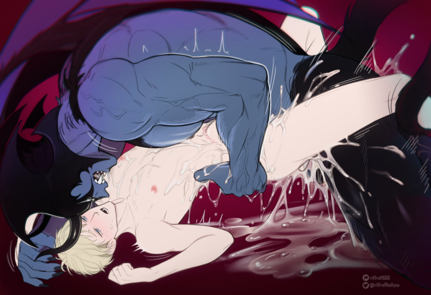 2boys artist_name black_skin blonde_hair blue_eyes colored_skin completely_nude cum cum_in_ass devilman devilman_(character) devilman_crybaby from_side gradient_background horns looking_at_another male_focus multiple_boys nude open_mouth red_background riffraffhellyea satan_(devilman) sex sharp_teeth short_hair teeth veins watermark wings yaoi