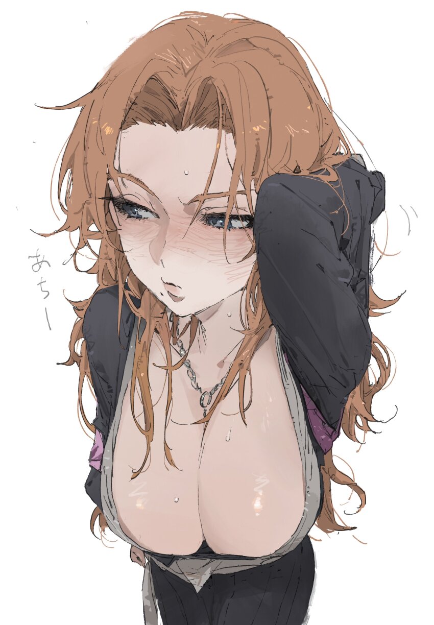 1girl absurdres arm_behind_head bleach blue_eyes chain chain_necklace female_focus highres japanese_clothes jewelry le_(szs0k) light_blush long_hair matsumoto_rangiku mole mole_under_mouth necklace orange_hair pink_shawl shawl shihakusho shiny_skin simple_background standing sweat white_background