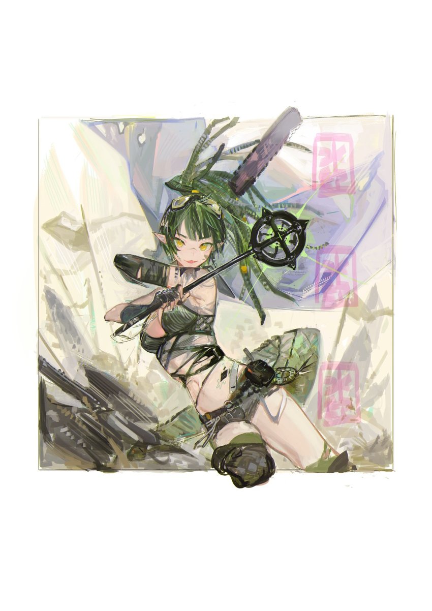 1girl arknights bare_shoulders breasts crop_top gavial_(arknights) gavial_the_invincible_(arknights) green_hair highres holding holding_staff long_hair looking_at_viewer medium_breasts midriff navel parted_lips pipidan ponytail solo staff stomach thighs yellow_eyes