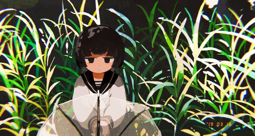 1girl black_eyes black_hair black_sailor_collar bob_cut butudan_butugu chromatic_aberration closed_mouth commentary dated day dot_mouth dot_nose film_grain grass highres holding holding_umbrella jitome long_sleeves looking_at_viewer neckerchief original outdoors own_hands_together plant sailor_collar segment_display shirt short_hair solo standing symbol-only_commentary timestamp transparent transparent_umbrella umbrella upper_body white_neckerchief white_shirt