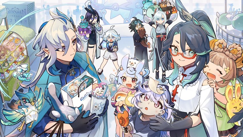 2boys 6+girls :d :o abyss_mage_(genshin_impact) aether_(genshin_impact) ahoge alternate_costume animal_ears aqua_eyes arms_behind_head azhdaha_(genshin_impact) bag black_gloves black_hair black_pants black_shirt blue_eyes blue_hair blue_jacket blue_shirt bow-shaped_hair brown_hair clorinde_(genshin_impact) closed_eyes commentary_request cup disposable_cup drop-shaped_pupils elbow_gloves endora_(genshin_impact) fungi_(genshin_impact) furina_(genshin_impact) ganyu_(genshin_impact) genshin_impact gift gloves green_hair green_shirt hair_between_eyes hair_ornament hat heterochromia highres holding holding_bag holding_cup holding_gift holding_stuffed_toy jacket jewelry light_blue_hair light_blush long_hair looking_at_another looking_at_viewer looking_up lumine_(genshin_impact) multicolored_hair multiple_boys multiple_girls necklace neuvillette_(genshin_impact) open_mouth origami paimon_(genshin_impact) pants paper_crane pechka pink_eyes purple_eyes qiqi_(genshin_impact) red-framed_eyewear red_eyes red_sash sash semi-rimless_eyewear shenhe_(genshin_impact) shirt shopping_bag shorts sigewinne_(genshin_impact) slime_(genshin_impact) smile streaked_hair stuffed_toy symbol-shaped_pupils tartaglia_(genshin_impact) thigh_strap tighnari_(genshin_impact) tricorne two-tone_hair very_long_hair white_hair white_shirt white_shorts xianyun_(genshin_impact) xiao_(genshin_impact) yae_miko yaoyao_(genshin_impact) yellow_eyes yuegui_(genshin_impact)