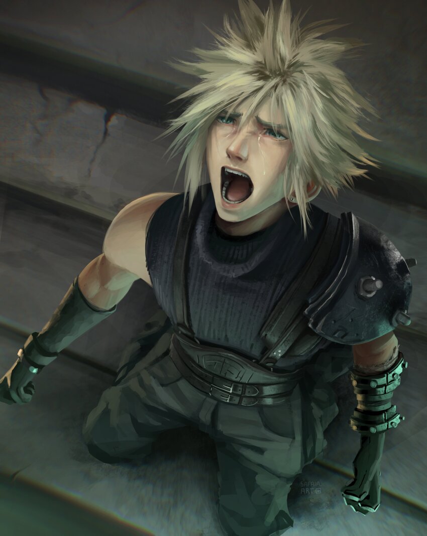 1boy absurdres armor baggy_pants belt black_gloves blonde_hair blue_eyes clenched_hands cloud_strife commentary earrings final_fantasy final_fantasy_vii final_fantasy_vii_rebirth final_fantasy_vii_remake from_above gloves highres jewelry looking_up male_focus multiple_belts open_mouth pants ribbed_sweater safaia screaming short_hair shoulder_armor single_bare_shoulder sleeveless sleeveless_turtleneck solo spiked_hair stud_earrings suspenders sweater tears turtleneck turtleneck_sweater