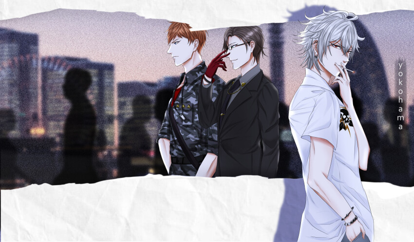 3boys adjusting_eyewear aohitsugi_samatoki bead_bracelet beads black_hair black_necktie blue_eyes bracelet brown_eyes brown_hair busujima_rio_mason camouflage cigarette dar_rs glasses green_eyes highres hypnosis_mic iruma_jyuto jewelry long_sleeves looking_at_viewer mad_trigger_crew male_focus multiple_boys necktie pocket profile red_shirt shirt short_hair short_sleeves skull_print smoking white_hair white_shirt