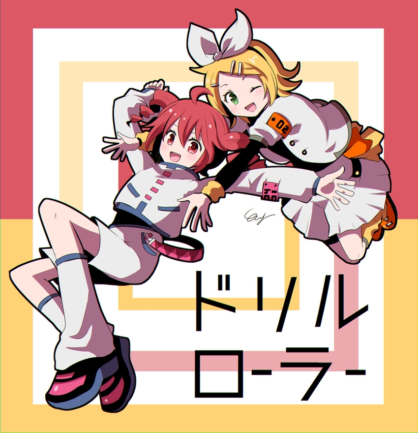 2girls ahoge alternate_costume belt black_shirt black_shoes blush bow drill_hair hair_between_eyes hair_bow hair_ornament hairclip highres jacket kagamine_rin kasane_teto leg_warmers long_sleeves looking_at_viewer multiple_girls np_eny one_eye_closed open_mouth orange_shoes outstretched_arms parted_bangs red_background red_belt red_eyes shirt shoes short_hair shorts simple_background twin_drills utau vocaloid white_background white_bow white_jacket white_leg_warmers white_shirt white_shorts yellow_background yellow_leg_warmers