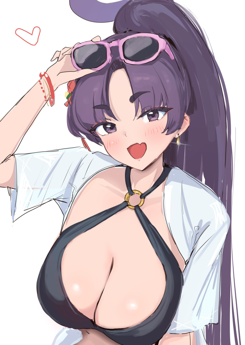 1girl adjusting_eyewear bikini black_bikini blue_archive blush bracelet breasts cleavage eyewear_on_head flower highres jewelry large_breasts looking_at_viewer multiple_bracelets official_alternate_costume official_alternate_hairstyle open_clothes open_shirt pink-framed_eyewear ponytail purple_eyes purple_hair red_flower ryh4 shirt solo sunglasses swimsuit upper_body white_shirt yukari_(blue_archive) yukari_(swimsuit)_(blue_archive)