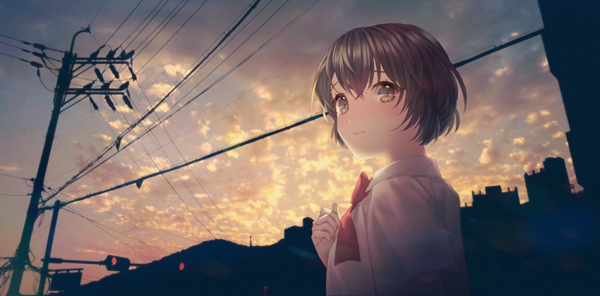 1girl bob_cut bow brown_eyes brown_hair cable city closed_mouth cloud cloudy_sky collared_shirt crossed_bangs evening female_focus hair_between_eyes hand_on_own_chest looking_at_viewer looking_back original outdoors power_lines red_bow red_ribbon ribbon saban school_uniform shirt short_hair short_sleeves sky smile solo traffic_light utility_pole white_shirt