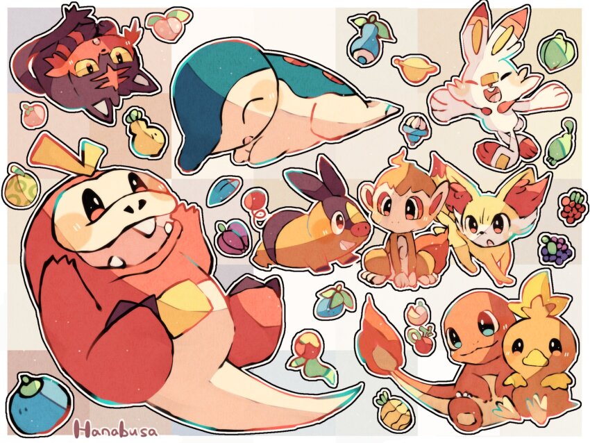 animal_focus apicot_berry artist_name aspear_berry belue_berry berry_(pokemon) bird black_skin bluk_berry cat charmander cheri_berry chimchar closed_eyes coba_berry colored_sclera colored_skin commentary_request cyndaquil fennekin fire fox fuecoco gen_1_pokemon gen_2_pokemon gen_3_pokemon gen_4_pokemon gen_5_pokemon gen_6_pokemon gen_7_pokemon gen_8_pokemon hanabusaoekaki highres leppa_berry litten lum_berry mago_berry monkey nintendo no_humans nutpea_berry open_mouth oran_berry orange_fur pecha_berry persim_berry pig pinap_berry pokemon pokemon_(creature) rabbit razz_berry scorbunny sitting solid_oval_eyes tail teeth tepig torchic upper_teeth_only upside-down wepear_berry white_background white_fur yellow_sclera