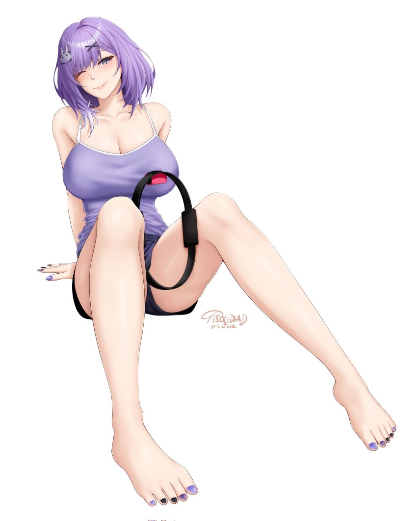 1girl absurdres armpit_crease bare_shoulders breasts cleavage elaine_celestia hair_ornament highres large_breasts purple_hair re:memories ring_fit_adventure short_hair shorts sleeveless tank_top thighs tisole_dead virtual_youtuber