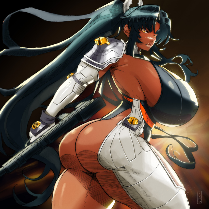 1girl action_taimanin armored_boots ass assault_rifle assault_shooter boots borrowed_character breasts bullpup curvy dark-skinned_female dark_skin gun high_ponytail highleg highleg_leotard highres holding holding_weapon huge_ass huge_breasts leotard looking_at_viewer mirabell_bell ponytail revealing_clothes rifle sagging_breasts shiny_clothes shiny_skin sideboob standing taimanin_(series) taimanin_rpgx thong_leotard tonyfarronhart weapon wide_hips